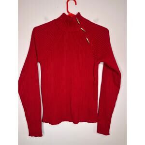 2000s Lauren Ralph Lauren Red Gold Toggle Ribbed Old Money Turtleneck Sweater M